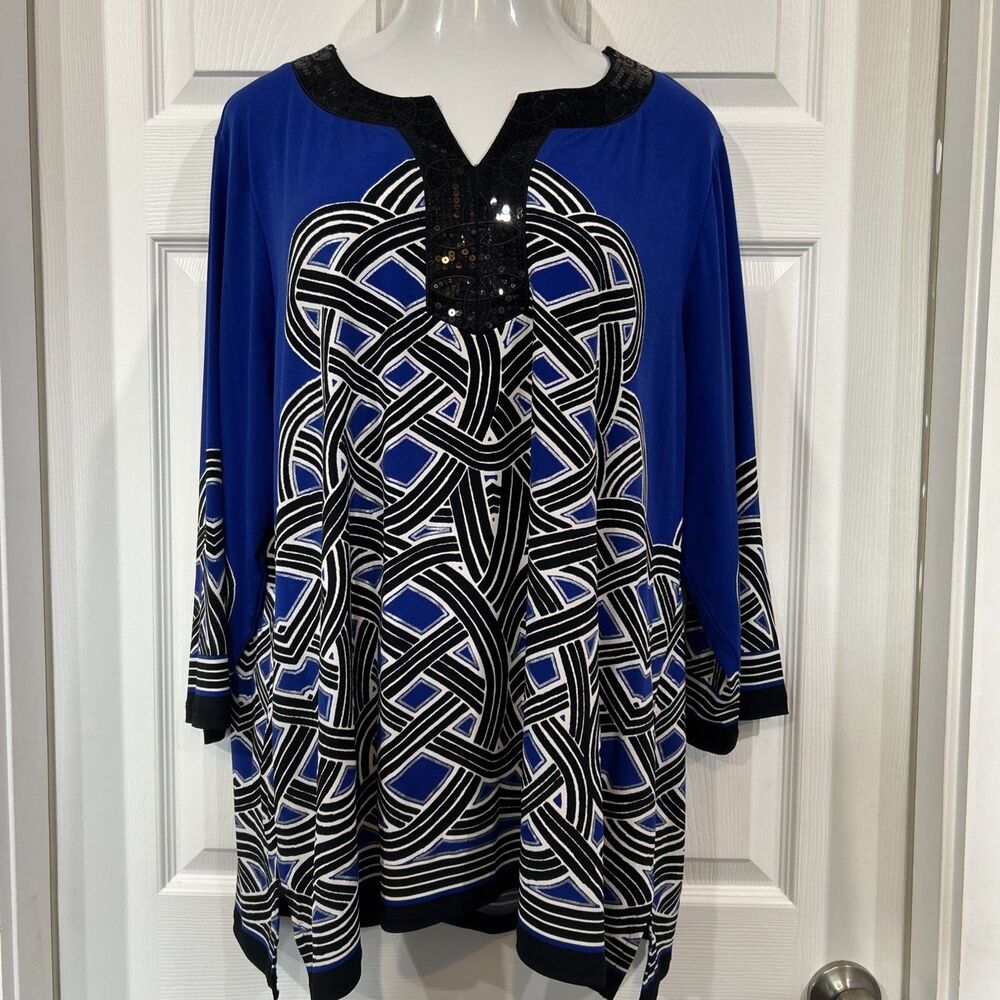JM Collection Geometric Print Sequin Neck Stretch Tunic Top Blouse Plus Size 3X